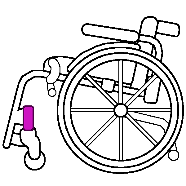 A black and white rigid wheelchair in profile with a bright pink caster housing.